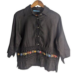 Womens Button-Up Blouse Sz L Black Embroidered Eyelet Lace Boho Hippie Festival